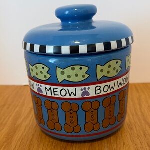 Blue Ceramic Pet Treat Jar with Playful Fish & Bone Motif